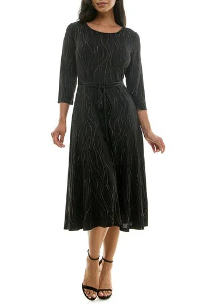 Nina Leonard Sylvia Tie Waist A-line Midi Dress In Black/gold