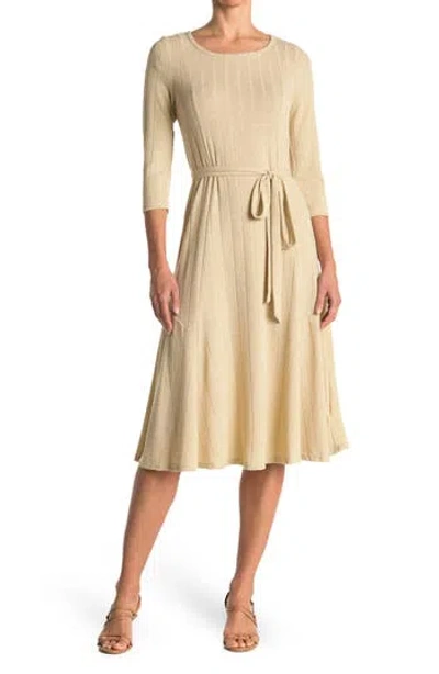 Nina Leonard Three-quarter Sleeve A-line Metallic Ribbed Midi Dress In Brown