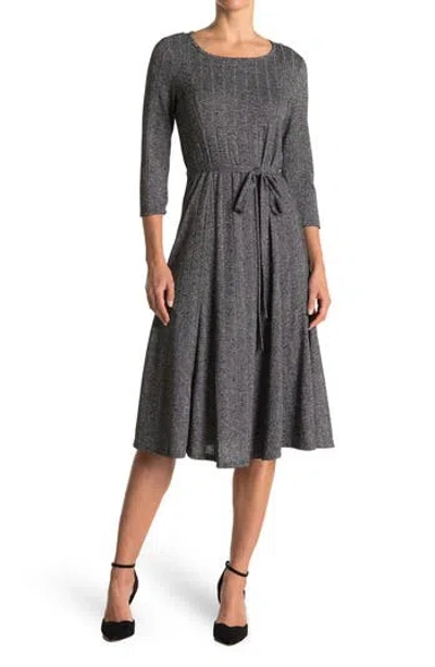 Nina Leonard Three-quarter Sleeve A-line Metallic Ribbed Midi Dress In Gray