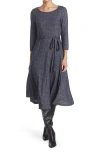 Nina Leonard Three-quarter Sleeve A-line Metallic Ribbed Midi Dress In Gray