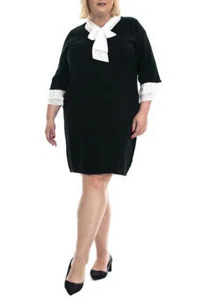 Nina Leonard Three-quarter Sleeve Bow Tie Sweater Dress In Black/ivory