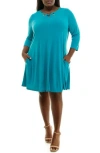 Nina Leonard Three-quarter Sleeve Trapeze Dress In Blue