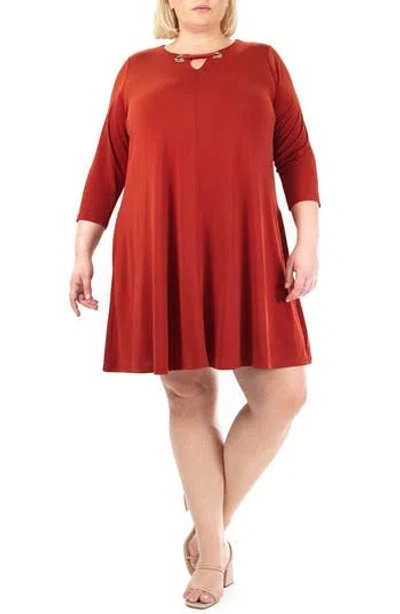 Nina Leonard Three-quarter Sleeve Trapeze Dress In Terracotta/gold