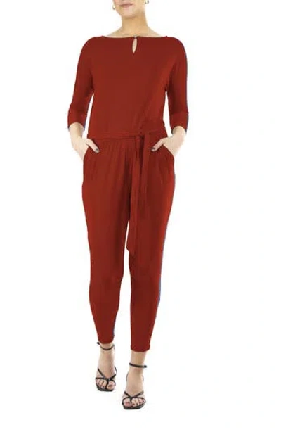 Nina Leonard Three-quarter Length Sleeve Waist Tie Jumpsuit