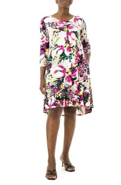 Nina Leonard Three-quarter Sleeve Stretch Knit Trapeze Dress In Multi