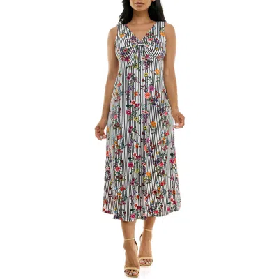 Nina Leonard Tie Front Sleeveless Midi Dress In Multi