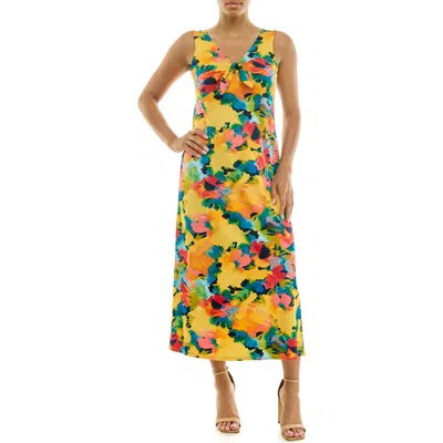 Nina Leonard Tie Front Sleeveless Midi Dress In Yellow