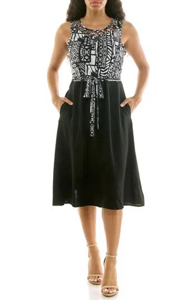 Nina Leonard Tie Waist A-line Dress In Black
