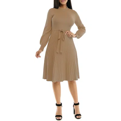Nina Leonard Tie Waist Fit & Flare Sweater Dress In Brown