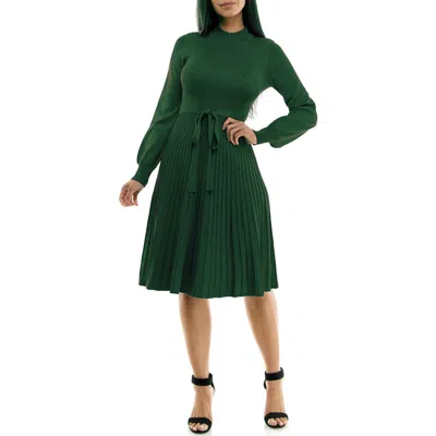 Nina Leonard Tie Waist Fit & Flare Sweater Dress In Green