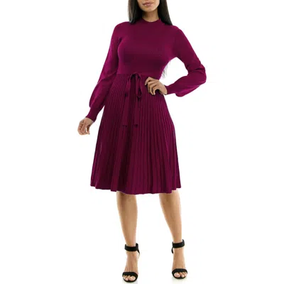 Nina Leonard Tie Waist Fit & Flare Sweater Dress In Sangria