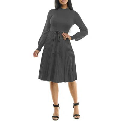 Nina Leonard Tie Waist Fit & Flare Sweater Dress In Smoke