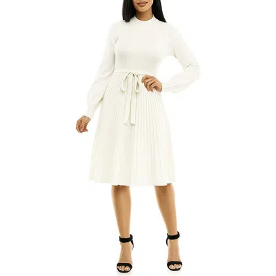 Nina Leonard Tie Waist Fit & Flare Sweater Dress In White