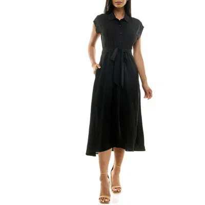 Nina Leonard Tie Waist Midi Shirtdress In Black