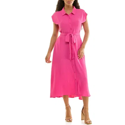 Nina Leonard Tie Waist Midi Shirtdress In Pink