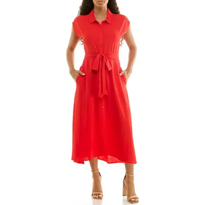 Nina Leonard Tie Waist Midi Shirtdress In Red