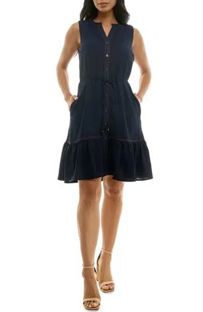Nina Leonard Tie Waist Shirtdress In Navy
