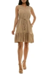 Nina Leonard Tie Waist Shirtdress In Tan