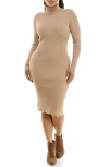 Nina Leonard Turtleneck Ribbed Midi Sweater Dress In Tan
