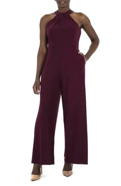 Nina Leonard Twist Halter Knit Jumpsuit In Deep Wine