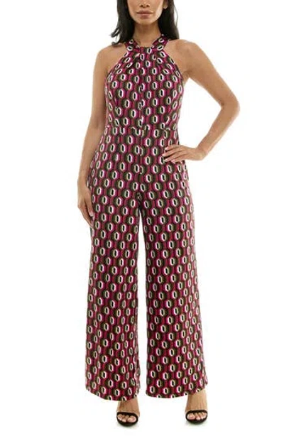 Nina Leonard Twisted Halter Neck Jumpsuit In Black/ Olive Multi