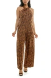 Nina Leonard Twisted Halter Neck Jumpsuit In Cognac Multi