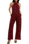 Nina Leonard Twisted Halter Neck Jumpsuit In Navy/red