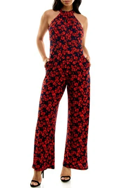 Nina Leonard Twisted Halter Neck Jumpsuit In Multi