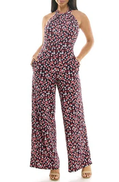 Nina Leonard Twisted Halter Neck Jumpsuit In Navy/red Multi