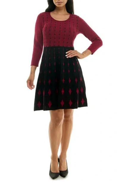 Nina Leonard Two-tone Fit & Flare Sweater Dress In Crimson/black