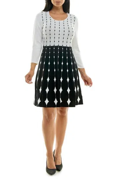 Nina Leonard Two-tone Fit & Flare Sweater Dress In Ivory/black