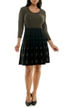 Nina Leonard Two-tone Fit & Flare Sweater Dress In Olive/black