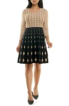 Nina Leonard Two-tone Fit & Flare Sweater Dress In Tan/black
