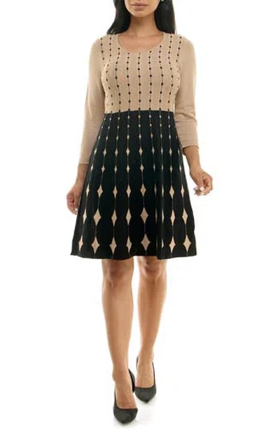 Nina Leonard Two-tone Fit & Flare Sweater Dress In Tan/black