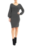 Nina Leonard V-neck Balloon Sleeve Sweater Dress In Smoke