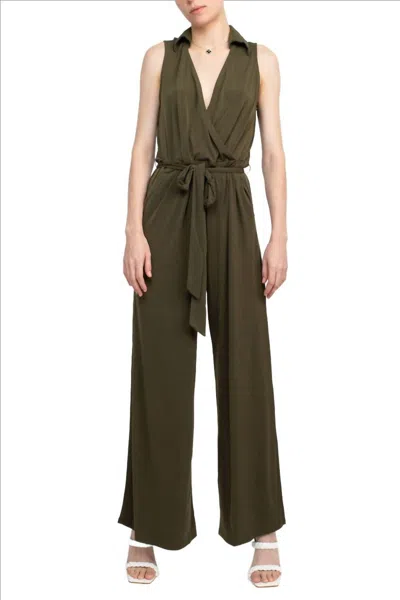 Nina Leonard V-neck Collared Sleeveless Tie Waist Solid Jumpsuit In Dark Olive In Green