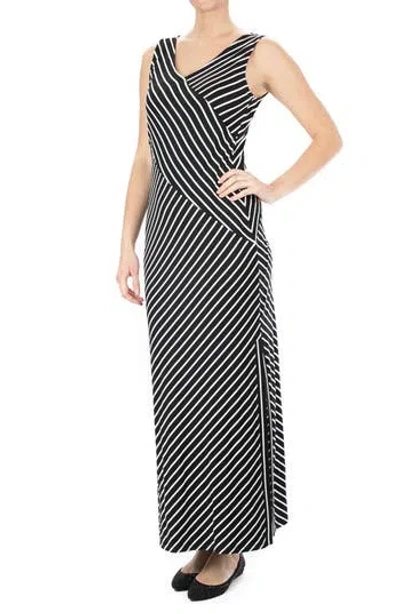 Nina Leonard V-neck Stripe Maxi Dress In Black/white