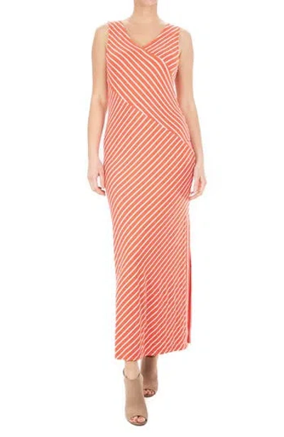 Nina Leonard V-neck Stripe Maxi Dress In Bright Coral/white
