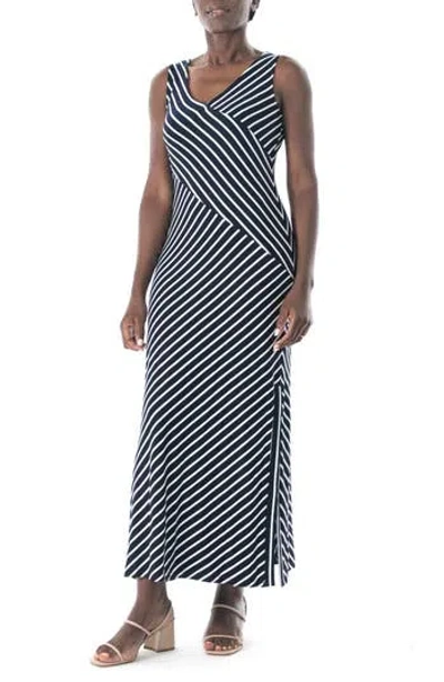 Nina Leonard V-neck Stripe Maxi Dress In Navy/white