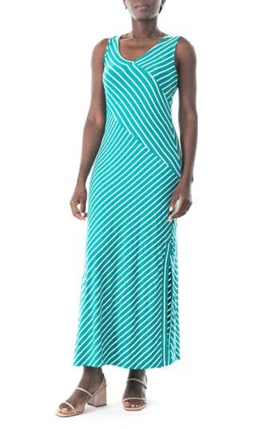 Nina Leonard V-neck Stripe Maxi Dress In Ocean/white