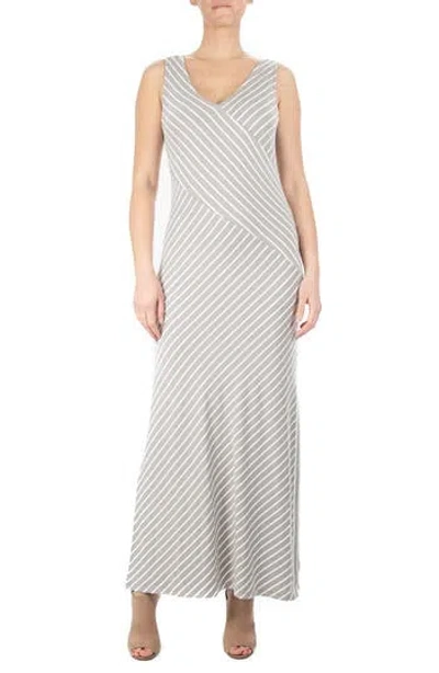 Nina Leonard V-neck Stripe Maxi Dress In Taupe/white