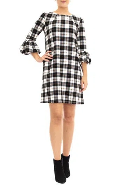 Nina Leonard Windowpane Ruffle Sleeve Shift Dress In Ivory/black/mocha