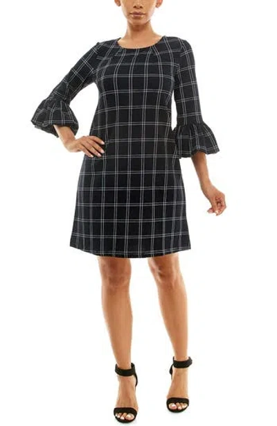 Nina Leonard Windowpane Ruffle Sleeve Shift Dress In Navy/ivory