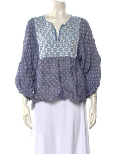 Pre-owned Nina Leuca Linen Floral Print Blouse In Blue