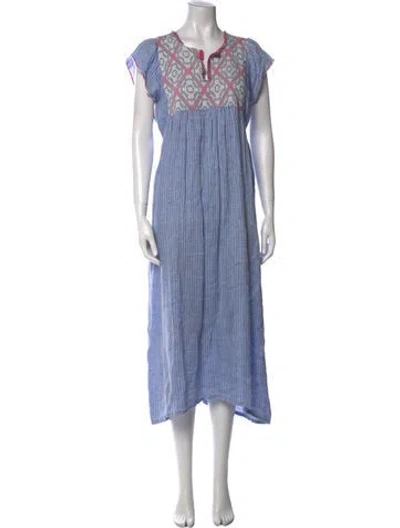 Pre-owned Nina Leuca Linen Long Dress In Blue