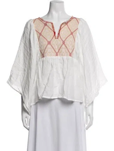 Pre-owned Nina Leuca Linen Patterned Top In White