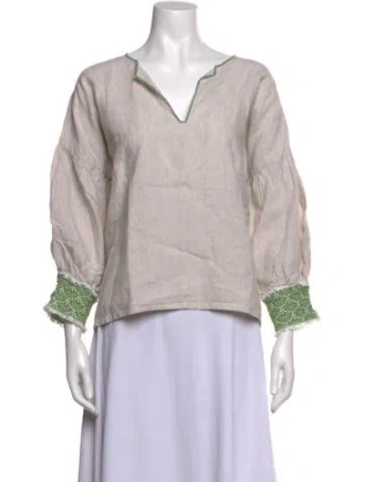 Pre-owned Nina Leuca Linen V-neck Blouse In Neutrals