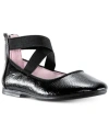 Nina Marissa Cross Strap Flat In Black Crinkle Patent