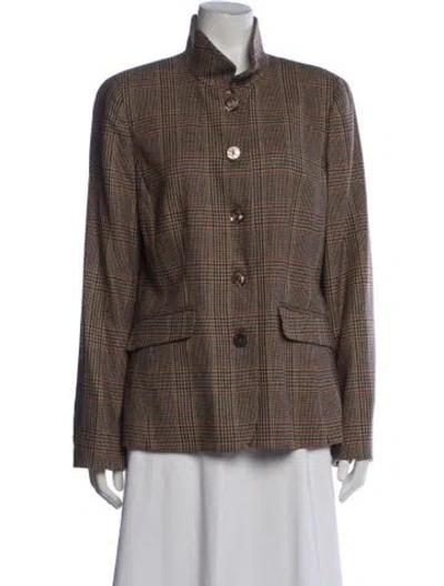 Pre-owned Nina Mclemore Lambswool Plaid Print Blazer In Brown