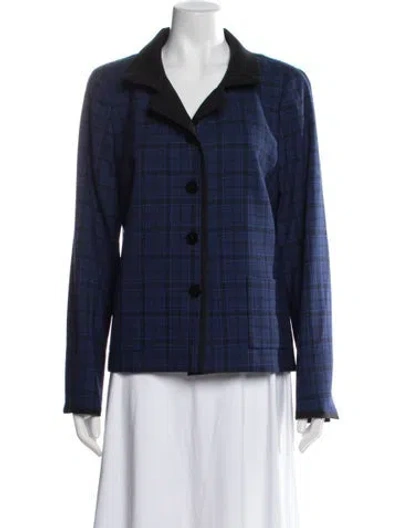 Pre-owned Nina Mclemore Merino Wool Plaid Print Blazer In Blue